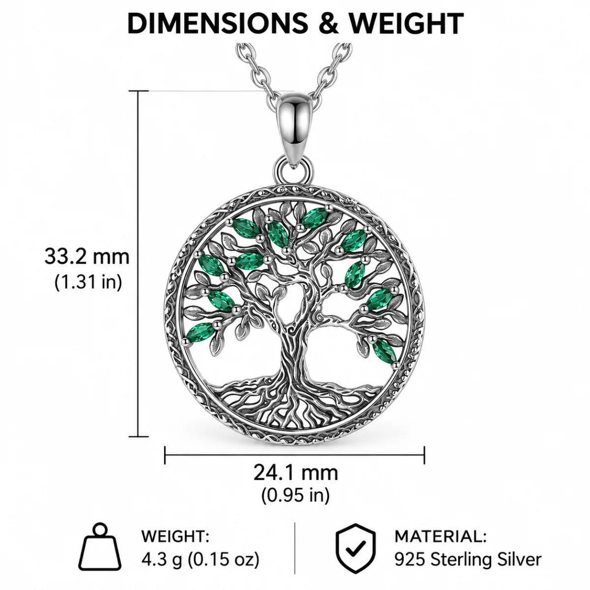 green crystal tree of life necklace dimensions and weight