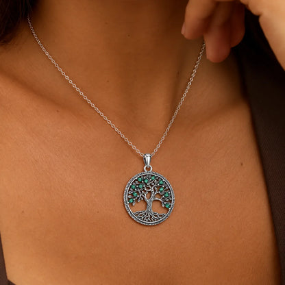 green crystal tree of life necklace lifestyle female model