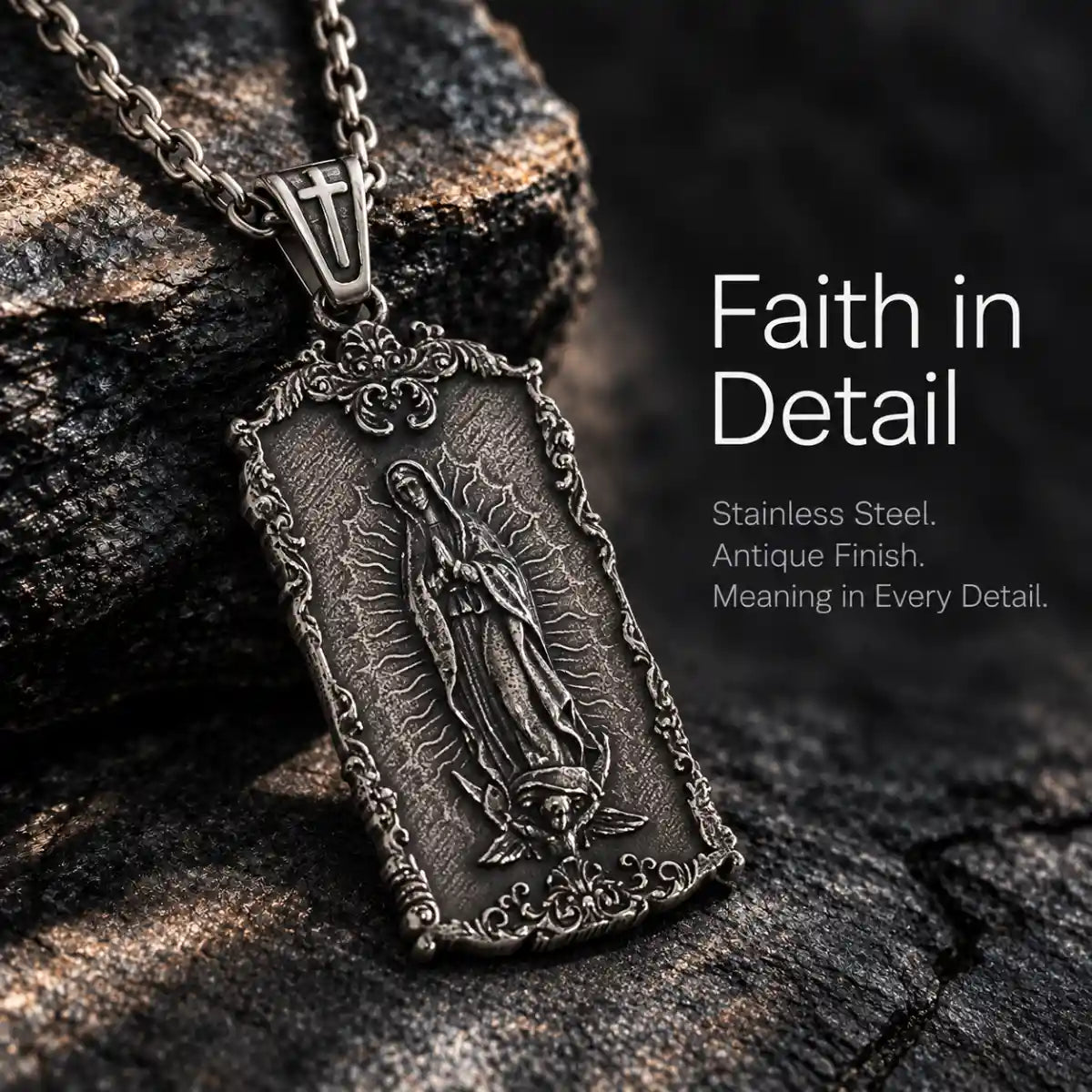 guadalupe dog tag necklace antique finish product details