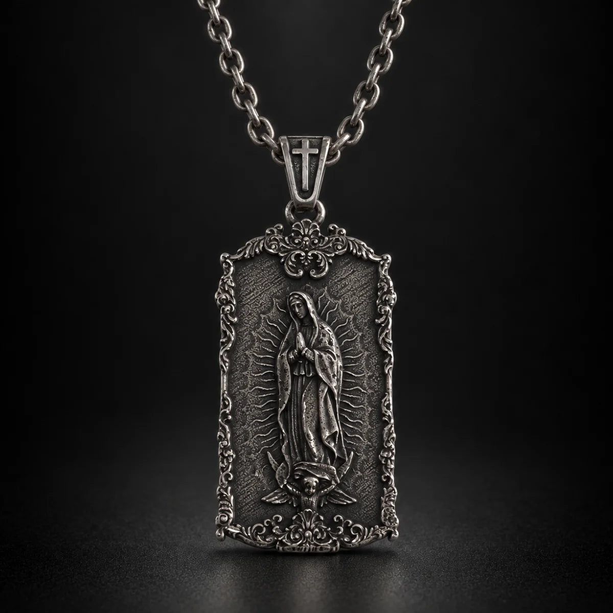 guadalupe dog tag necklace black background hero