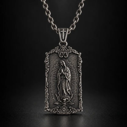 guadalupe dog tag necklace black background hero
