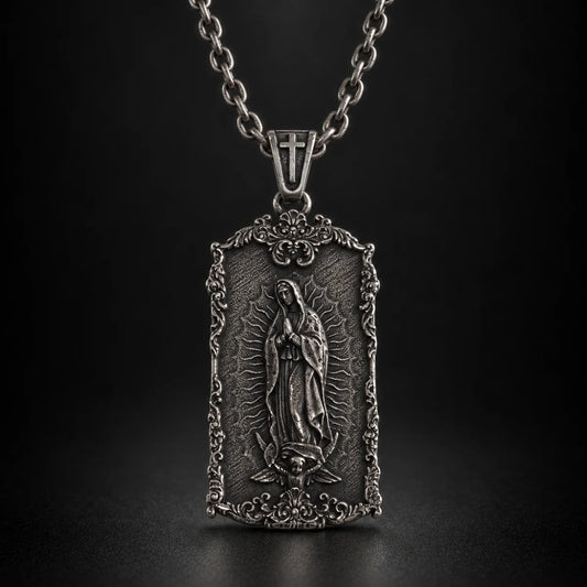 guadalupe dog tag necklace black background hero