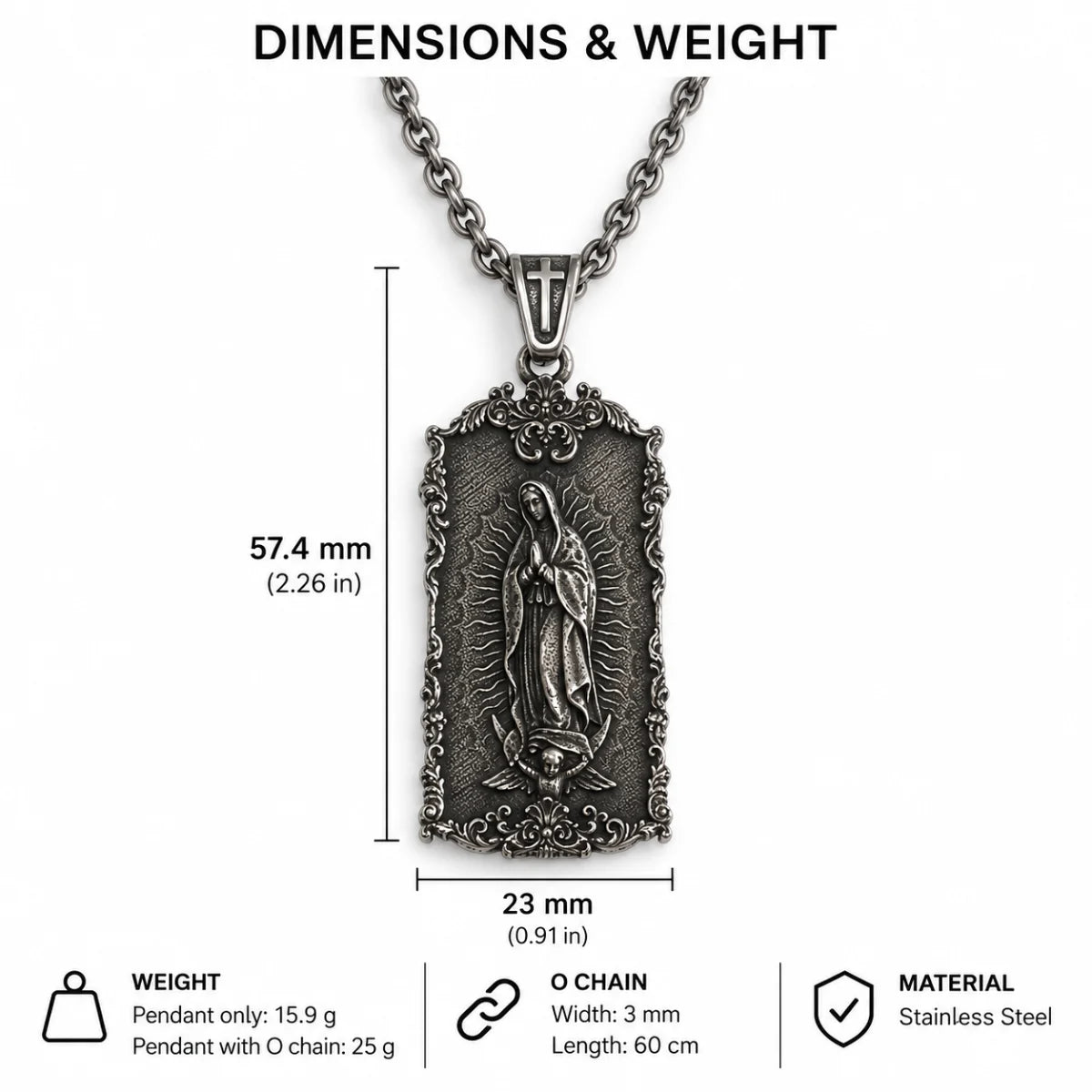 guadalupe dog tag necklace dimensions and weight