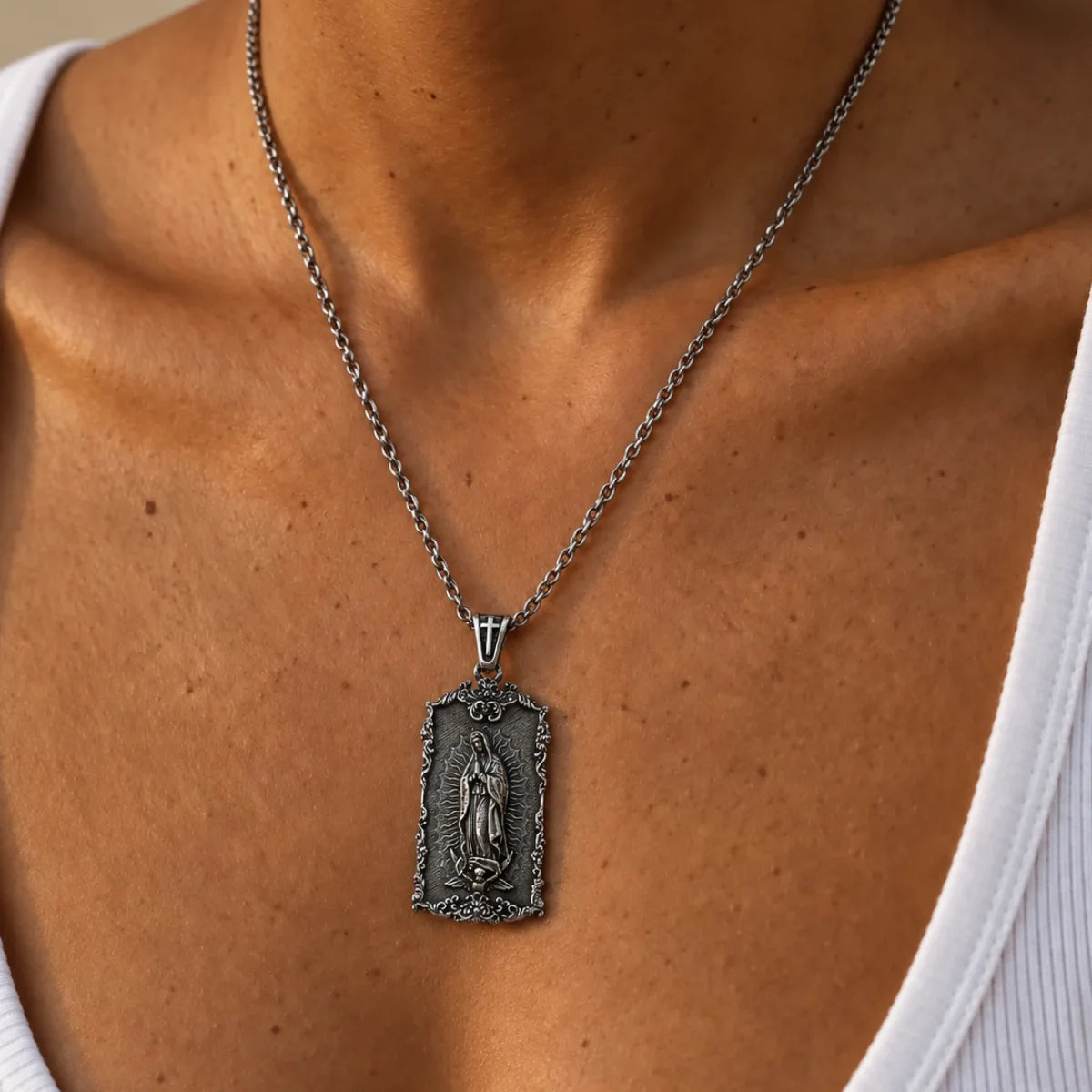 guadalupe dog tag necklace lifestyle open shirt