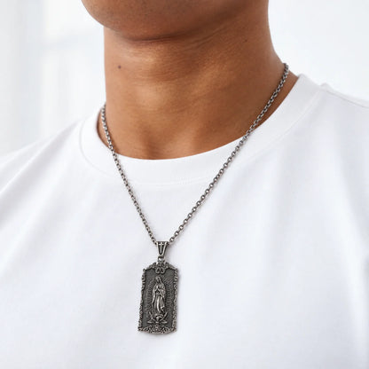 guadalupe dog tag necklace lifestyle white shirt