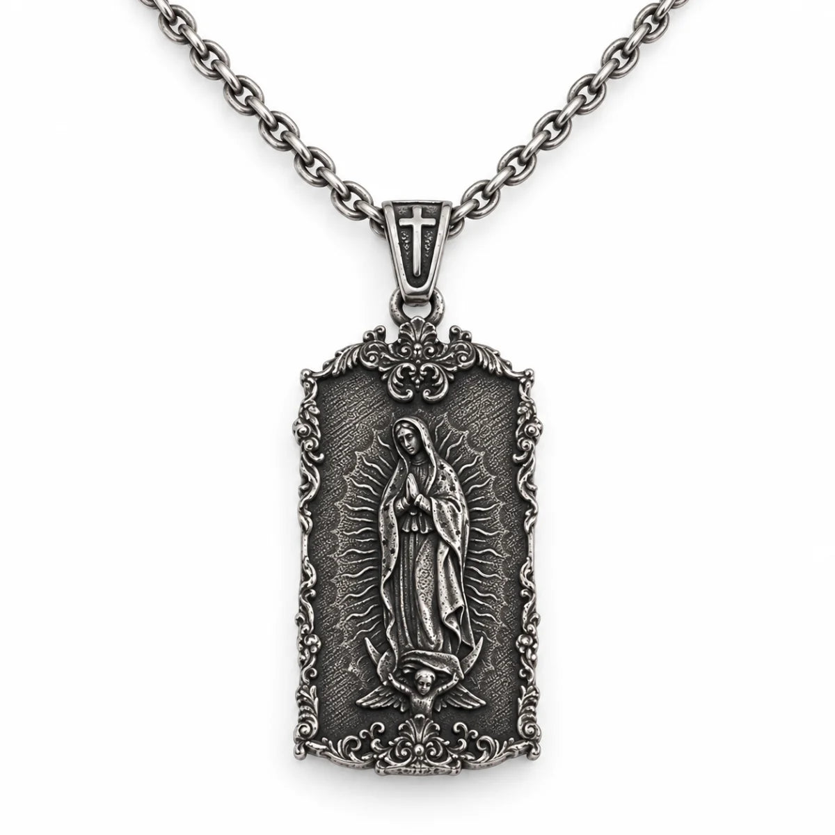 guadalupe dog tag necklace with o chain white background