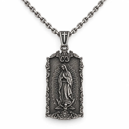 guadalupe dog tag necklace with o chain white background