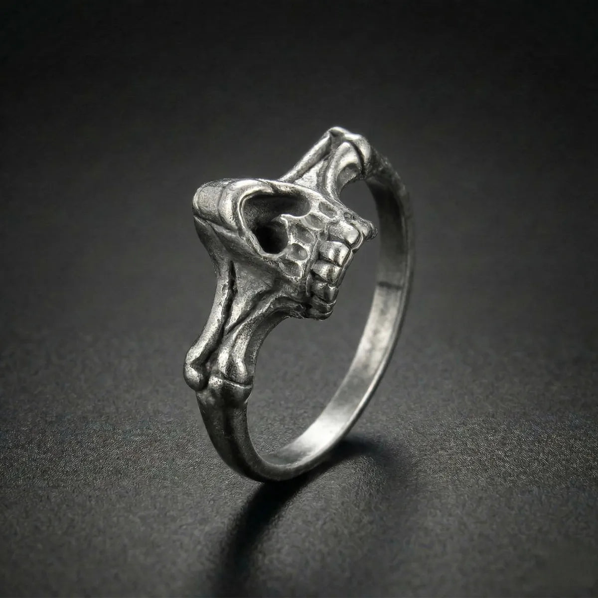 Half Skull Ring side view showing intricate gothic carving