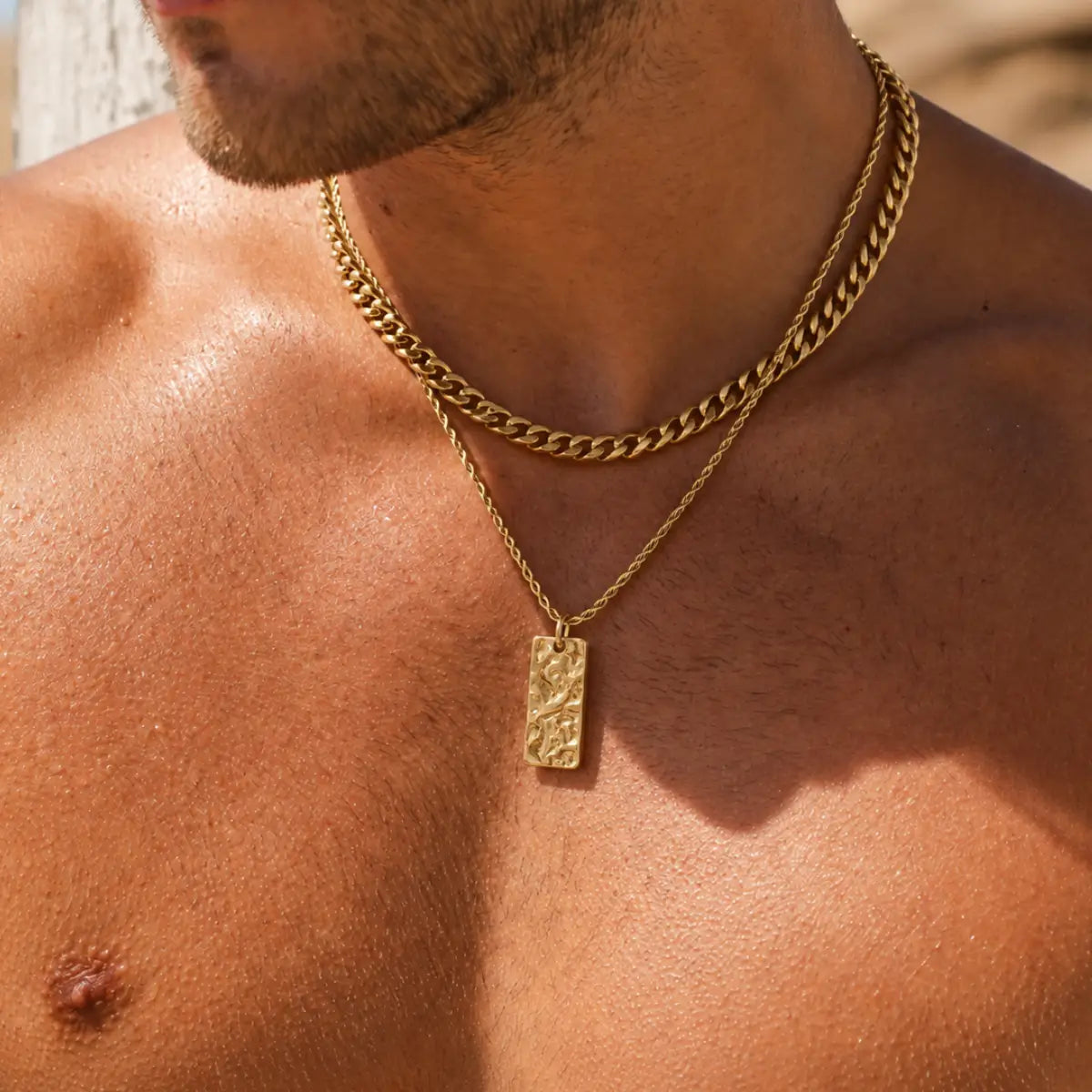 hammered rectangle necklace layered set lifestyle bare chest