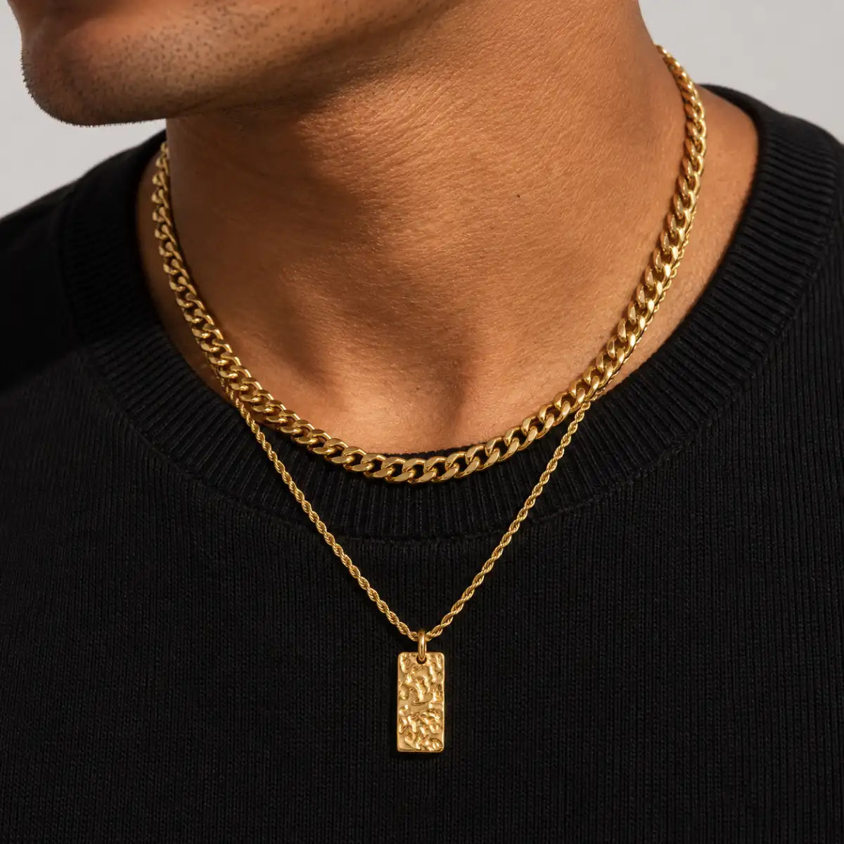 hammered rectangle necklace layered set lifestyle black shirt