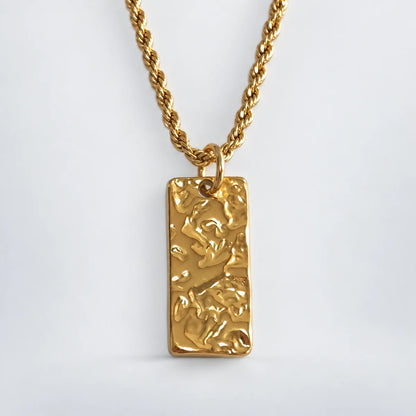 hammered rectangle necklace with rope chain white background