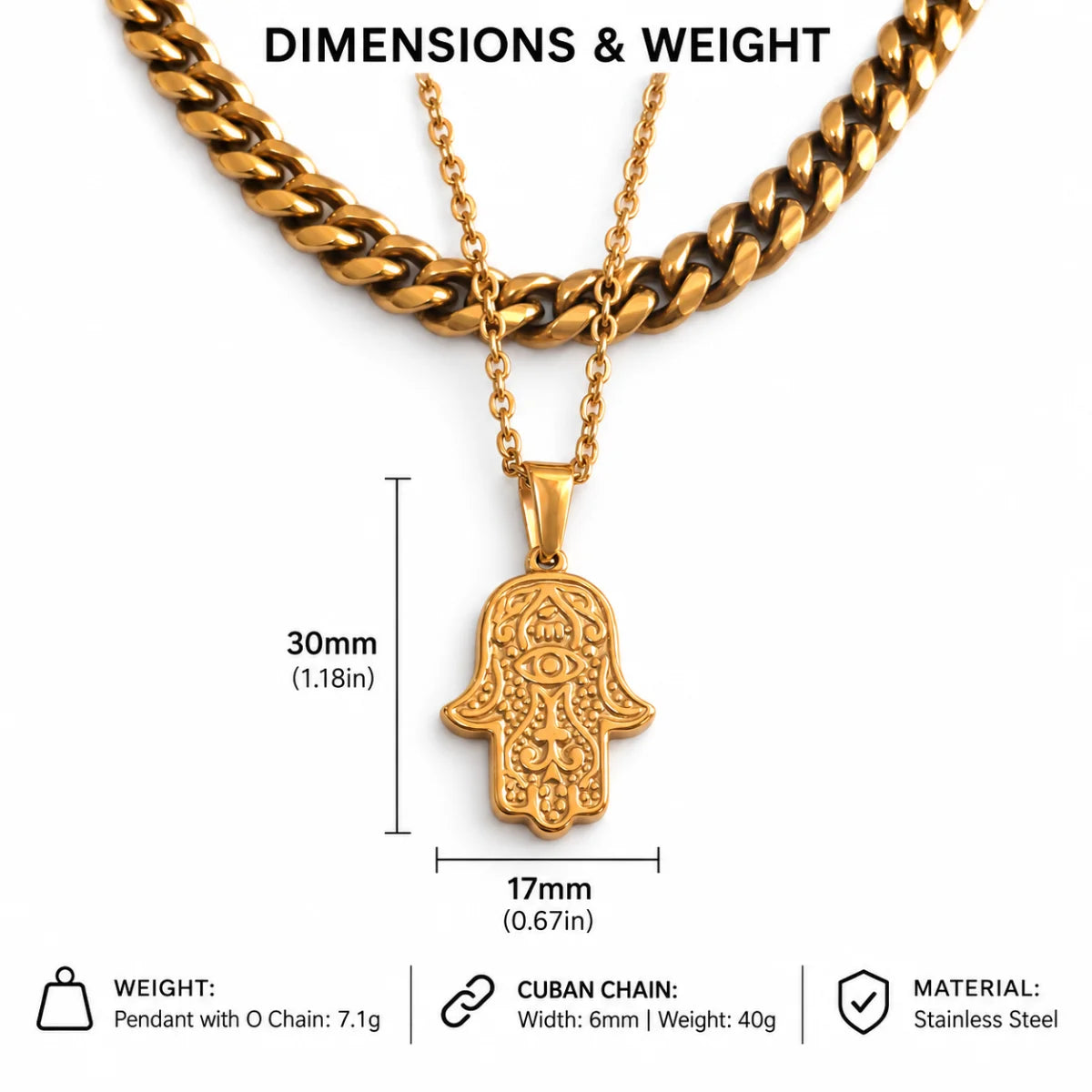 hamsa pendant necklace gold dimensions and weight