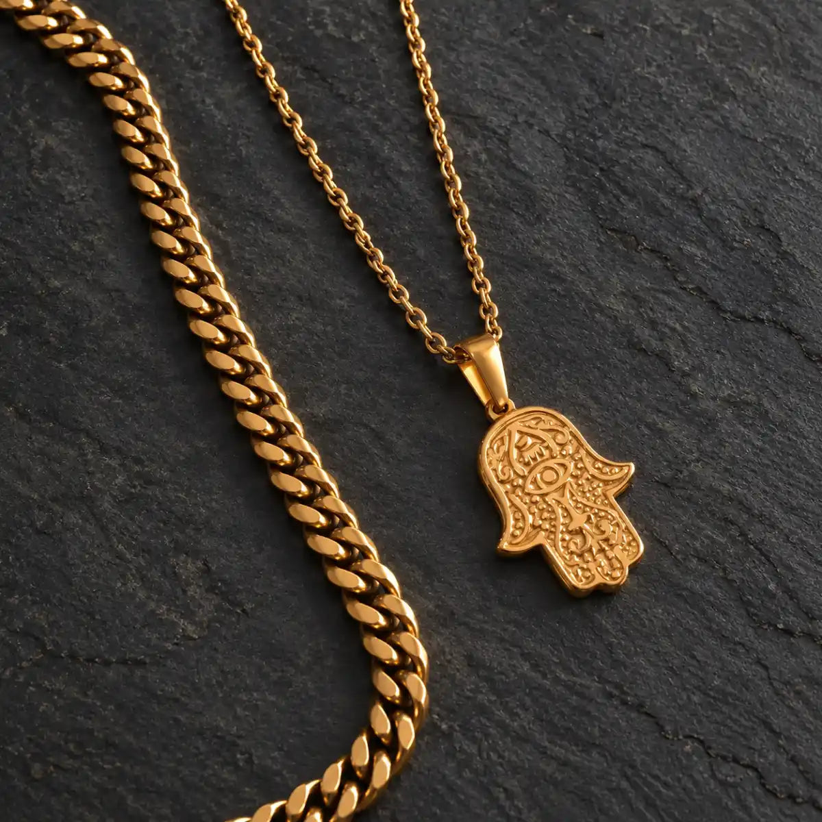hamsa pendant necklace gold layered set birds eye display