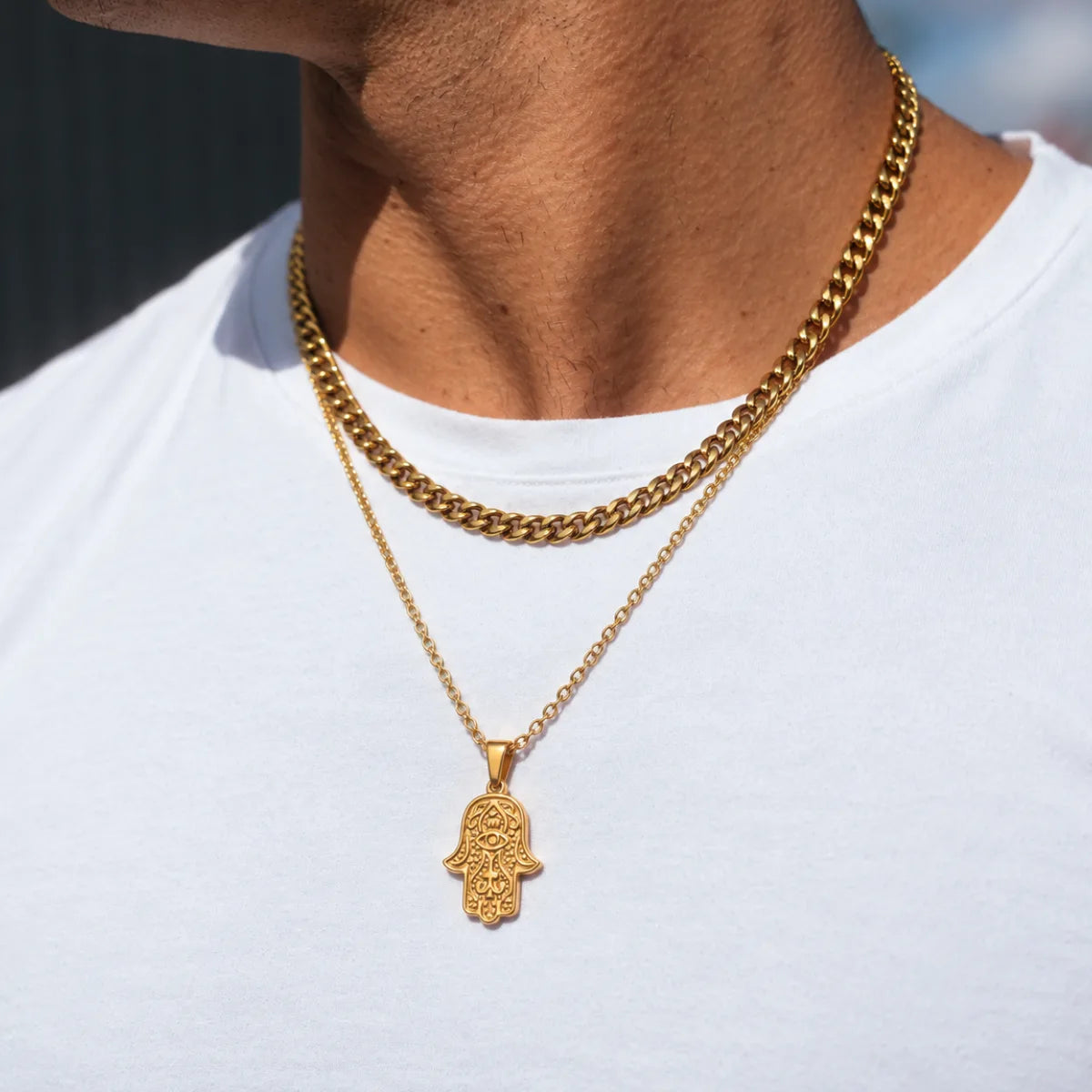 hamsa pendant necklace gold layered set lifestyle white shirt