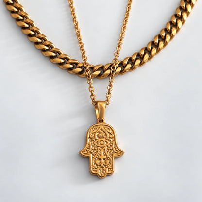 hamsa pendant necklace gold layered set white background