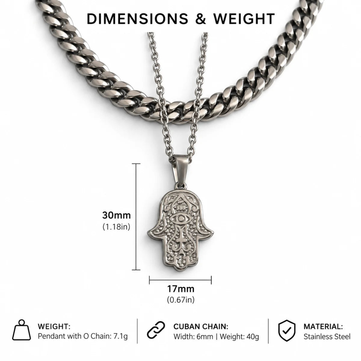 hamsa pendant necklace silver dimensions and weight