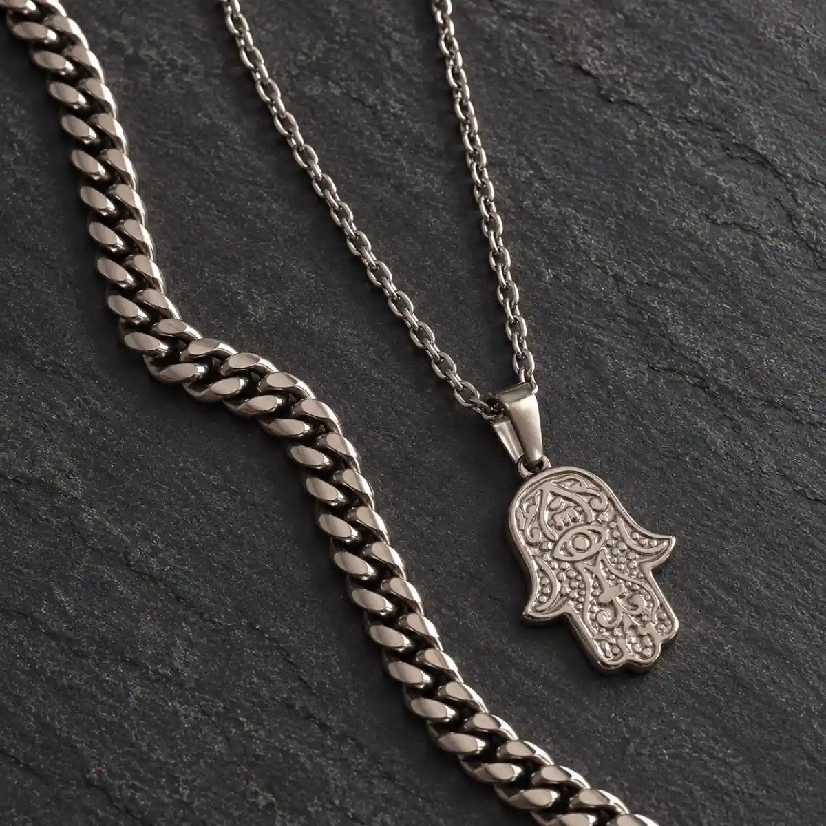 hamsa pendant necklace silver layered set birds eye display
