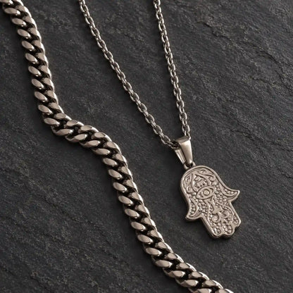 hamsa pendant necklace silver layered set birds eye display