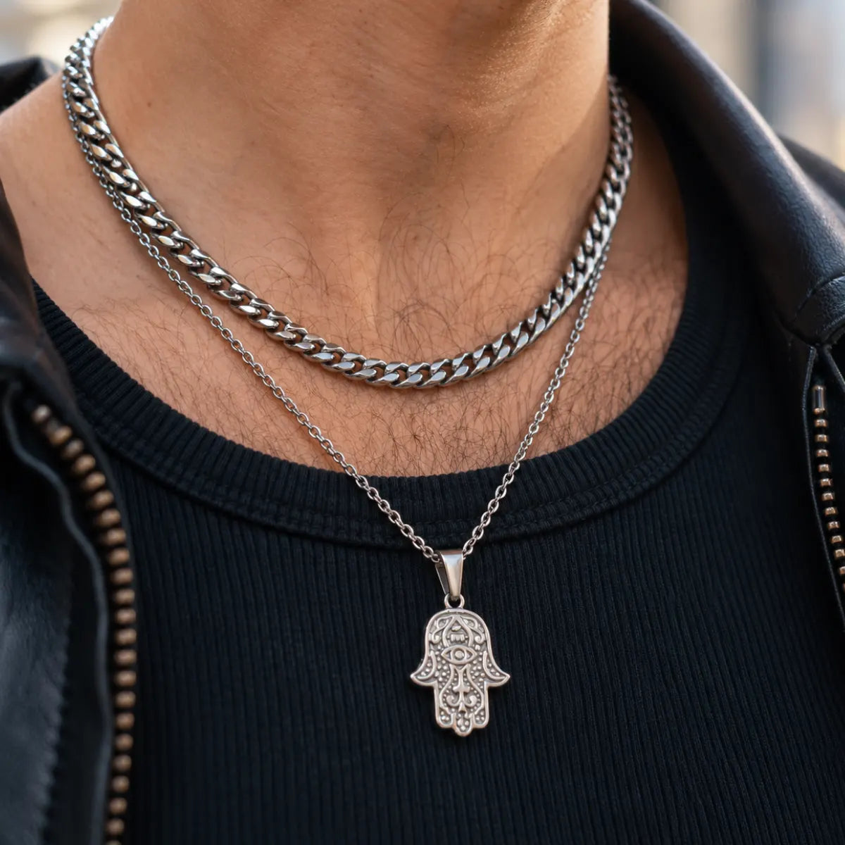 hamsa pendant necklace silver layered set lifestyle black shirt
