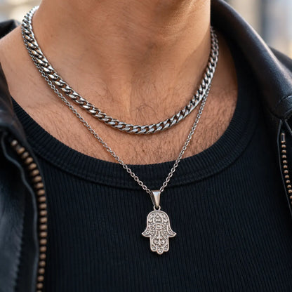 hamsa pendant necklace silver layered set lifestyle black shirt