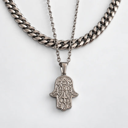hamsa pendant necklace silver layered set white background
