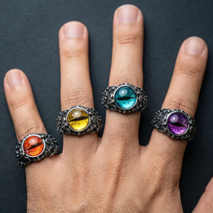 Hand Displaying Bat Silver Eyeball Rings Collection Mens Statement Jewelry