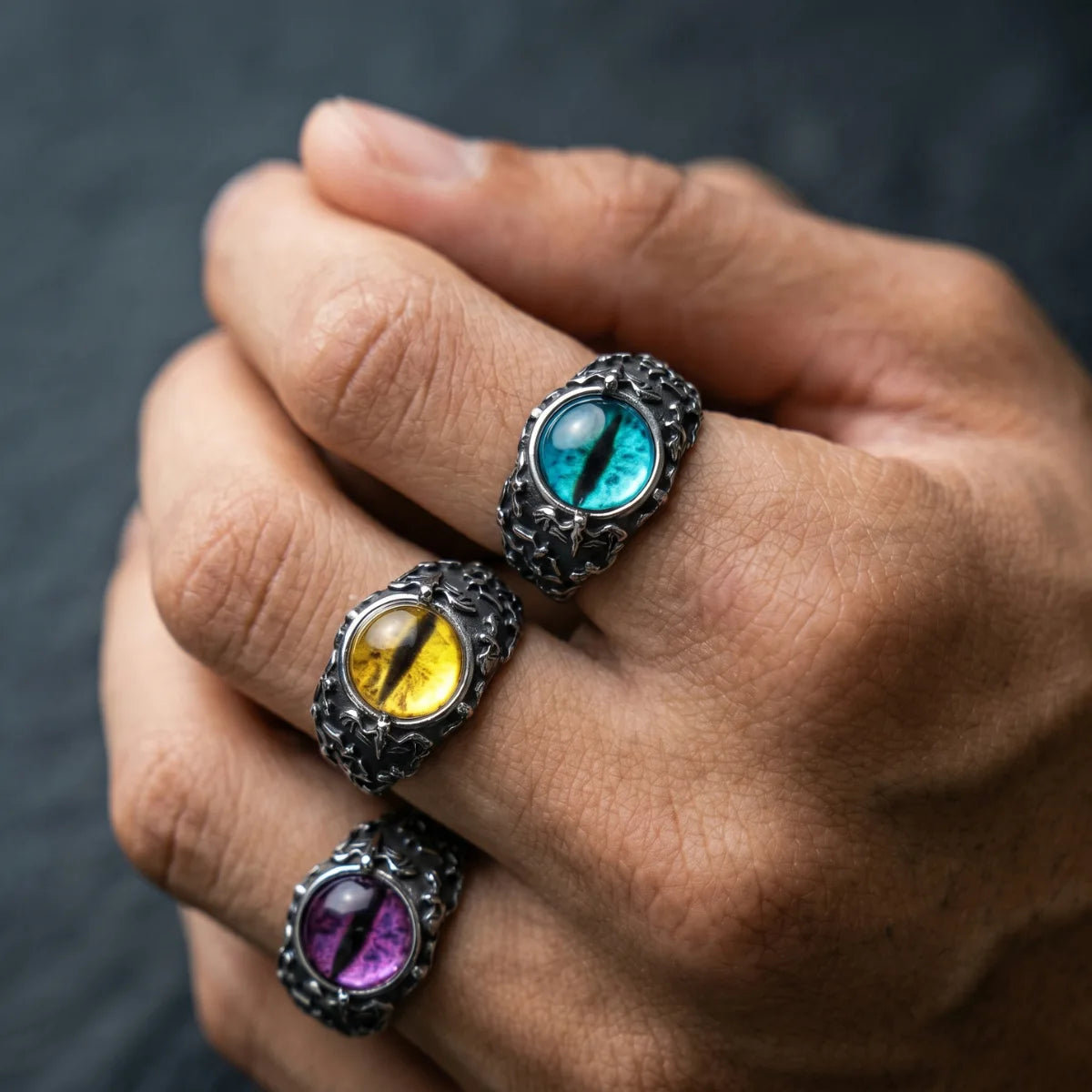 Hand Wearing Bat Silver Eyeball Rings Multiple Colors Alternative Biker Accessories