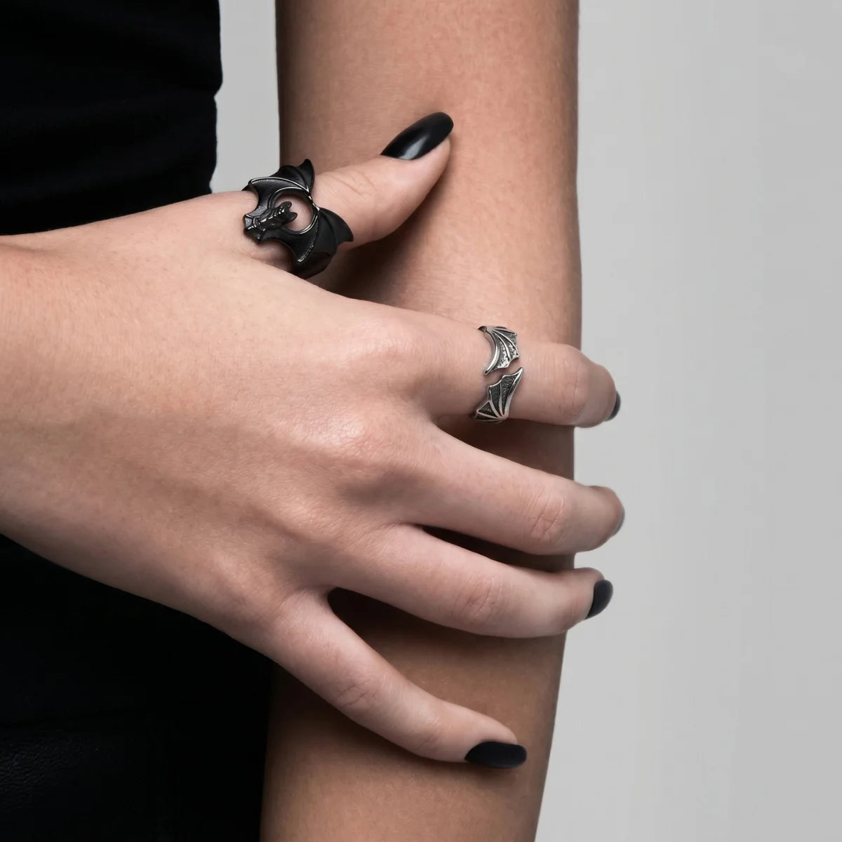 Hand Wearing Bat Wing Ring Alternative Vampire Jewelry
