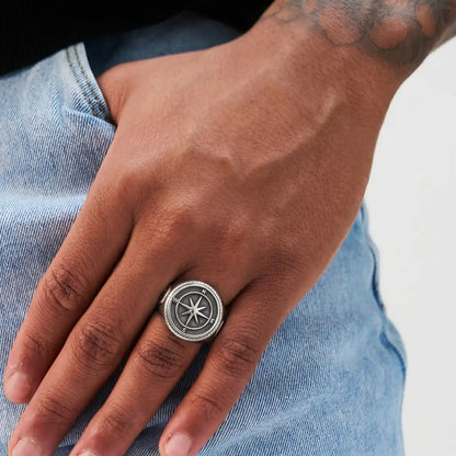 Hand Wearing Compass Signet Ring Denim Jeans Mens Vintage Sailor Jewelry