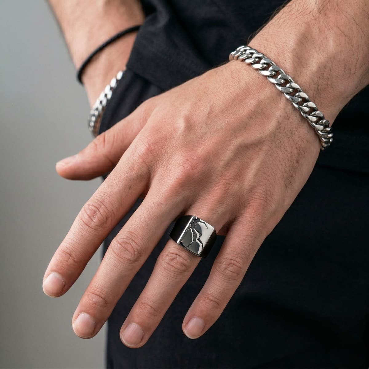 Hand Wearing Cracked Signet Ring Rectangle Edgy Mens Accessories