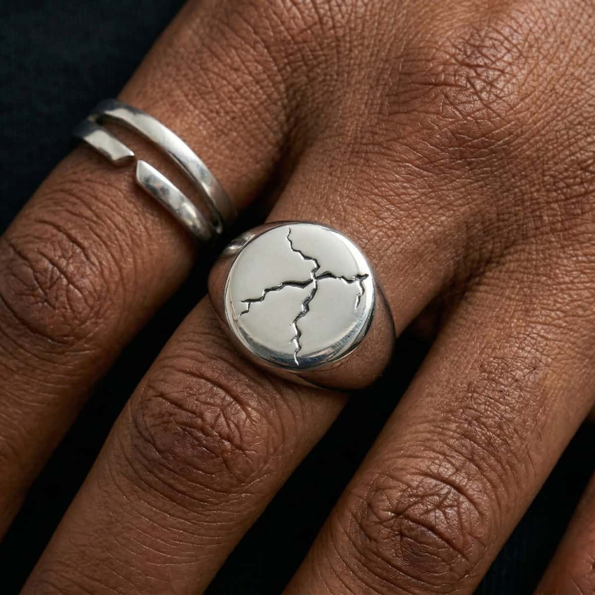 Hand Wearing Cracked Signet Ring Round Alternative Minimalist Jewelry