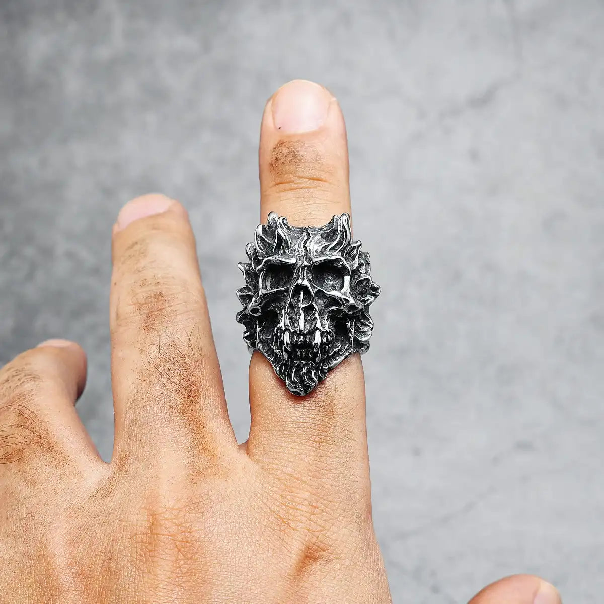 Hand Wearing Devil Skull Ring Middle Finger Mens Biker Jewelry