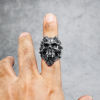 Hand Wearing Devil Skull Ring Middle Finger Mens Biker Jewelry