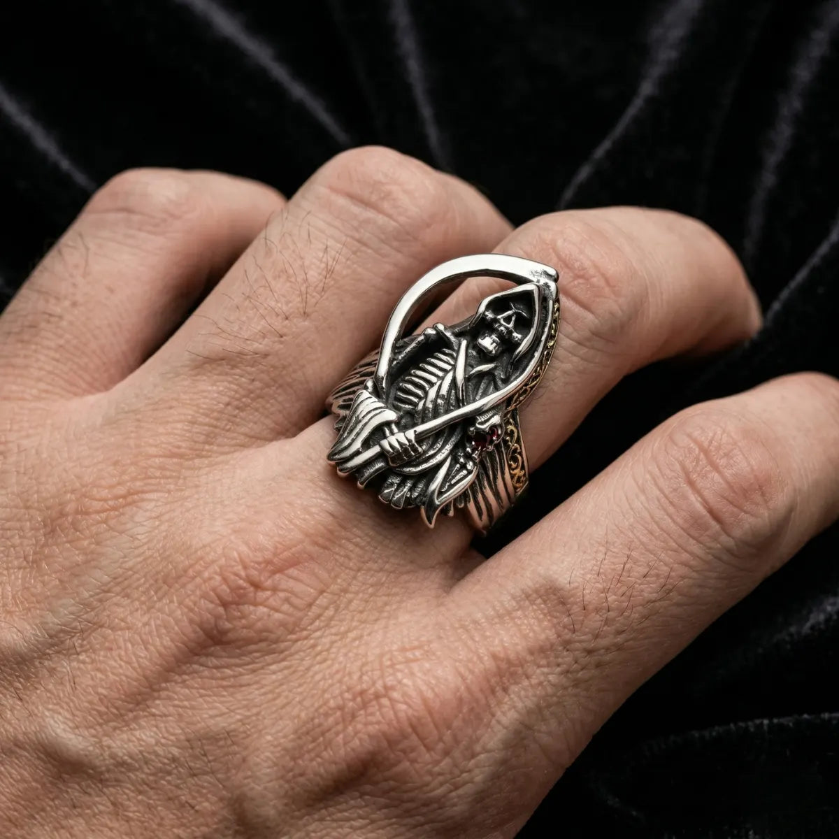 Hand Wearing Scythe Ring Style D Hooded Reaper Statement Ring