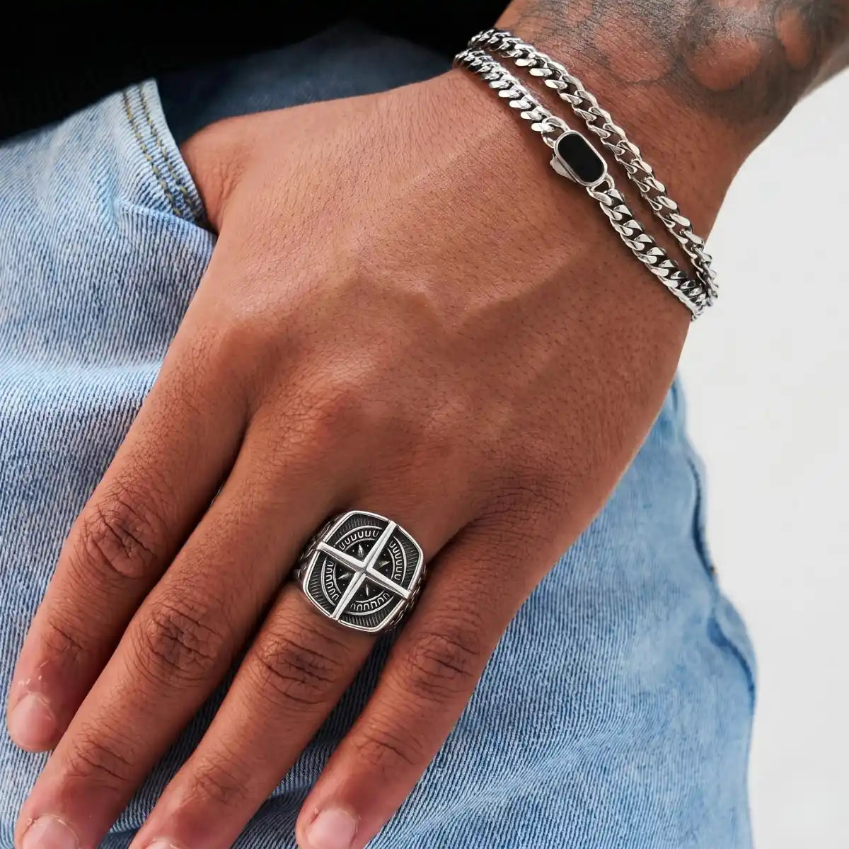 Hand Wearing Square Compass Ring Denim Style Mens Nautical Jewelry