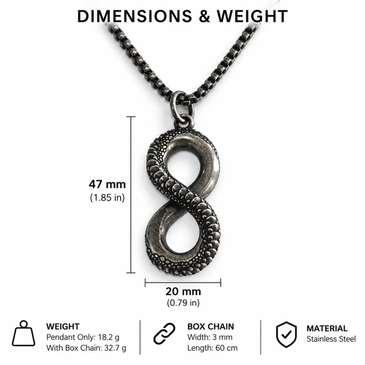 infinity snake necklace dimensions and weight