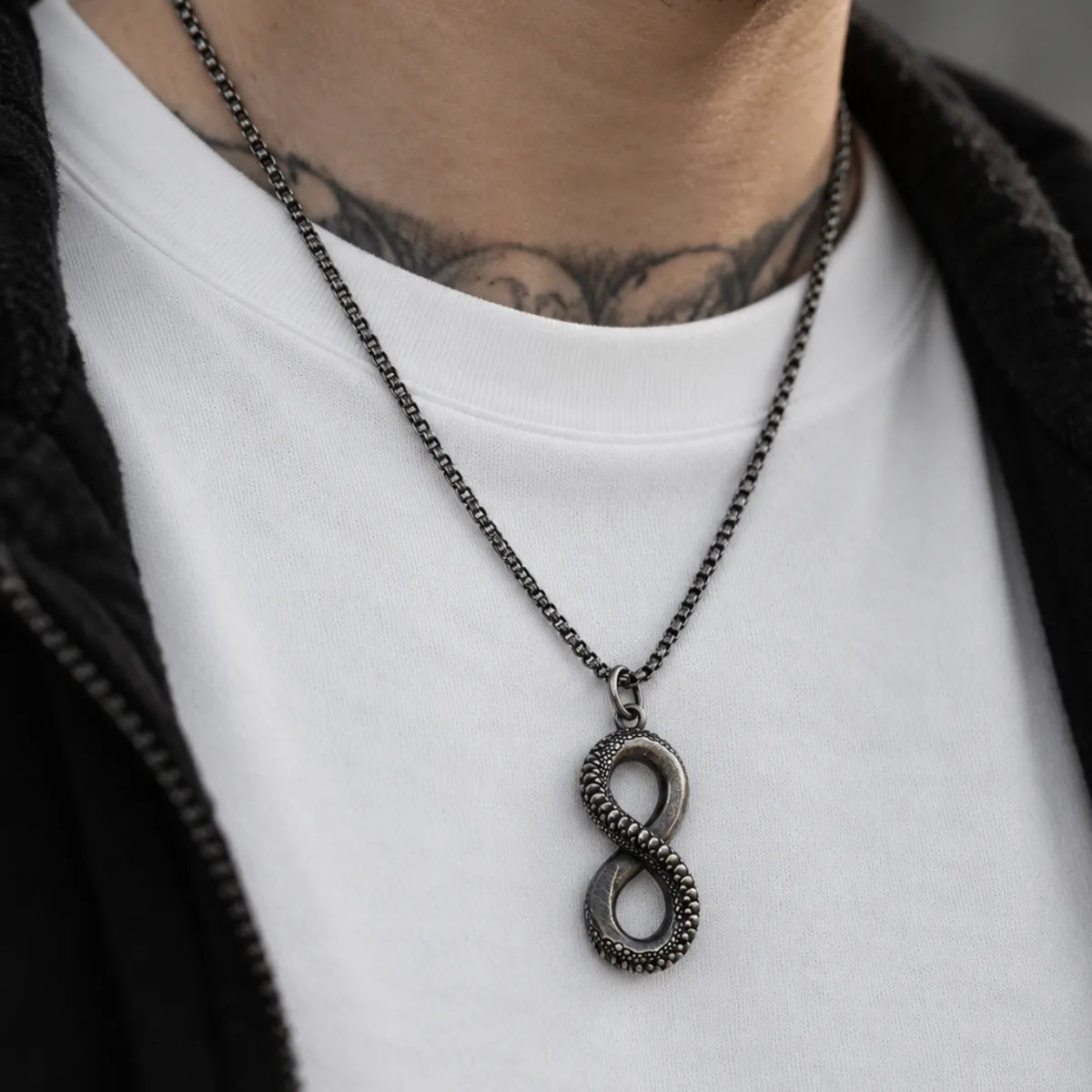 infinity snake necklace lifestyle white shirt
