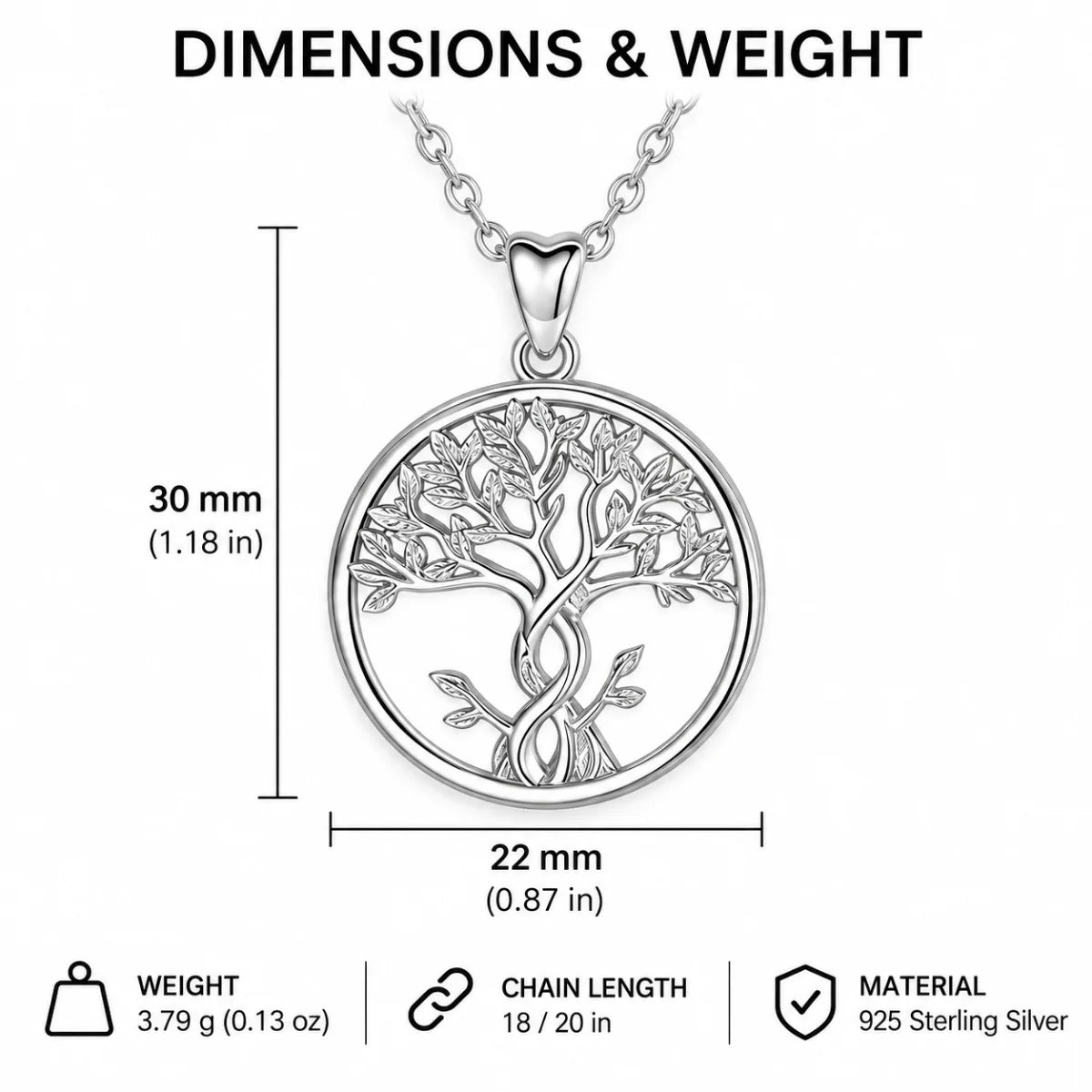 infinity tree of life necklace dimensions and weight