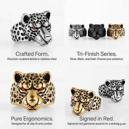 Jaguar Ring Design Features Red Crystal Eyes Mens Biker Jewelry