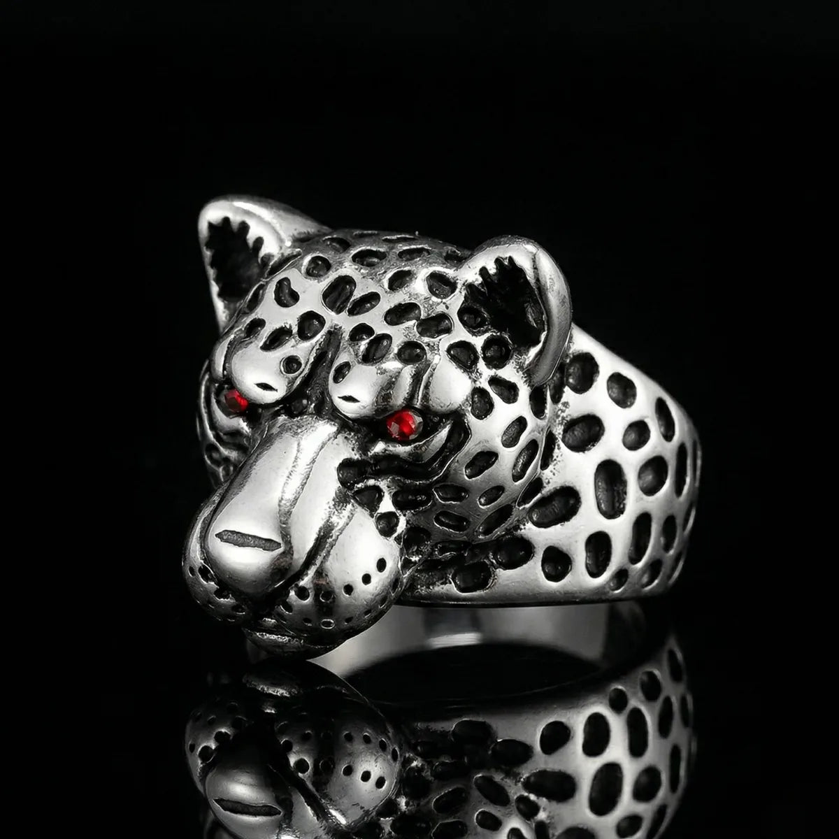 Jaguar Ring Silver Red Crystal Eyes Mens Animal Jewelry