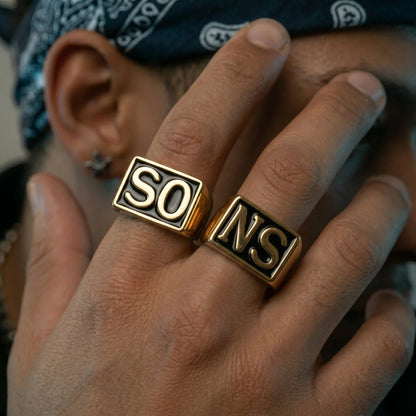Jax Sons Ring Gold Set Model Wearing Men Biker Signet Rings