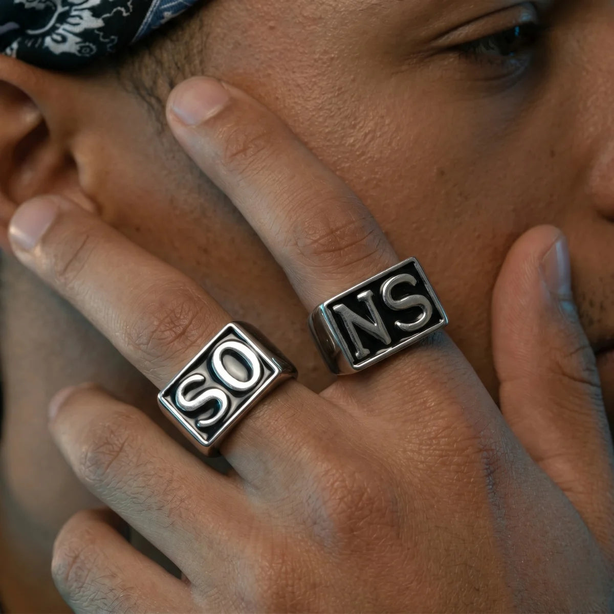 Jax Sons Ring Silver Set Model Wearing Motorcycle Club Jewelry