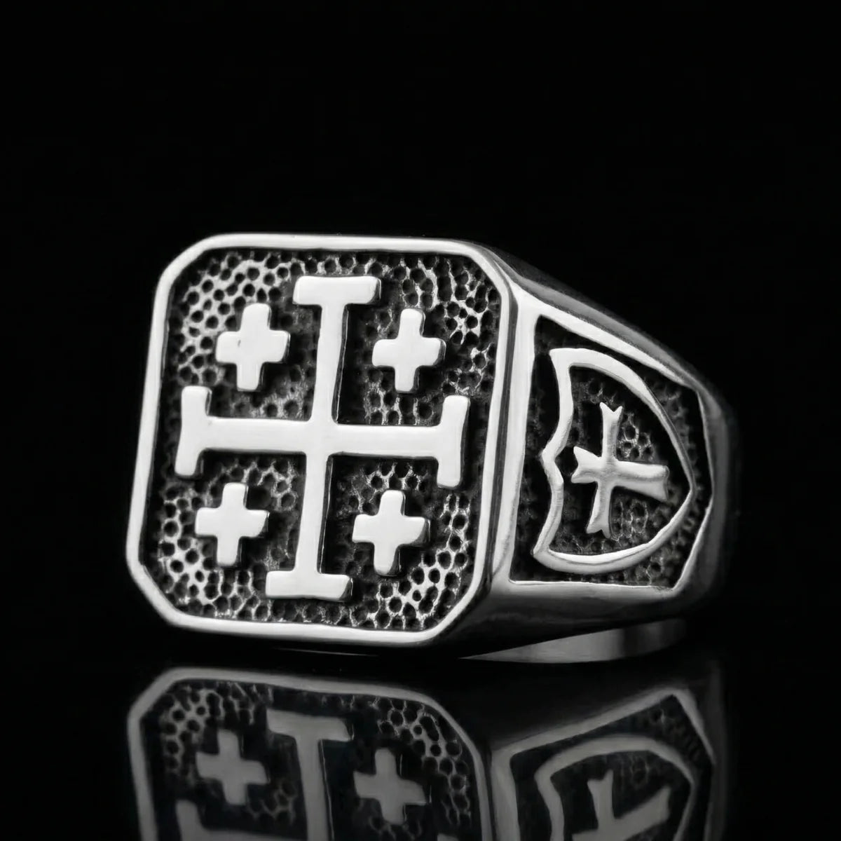 Jerusalem Cross Ring Front View Mens Religious Jewelry