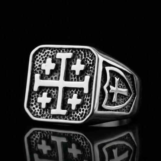 Jerusalem Cross Ring Front View Mens Religious Jewelry