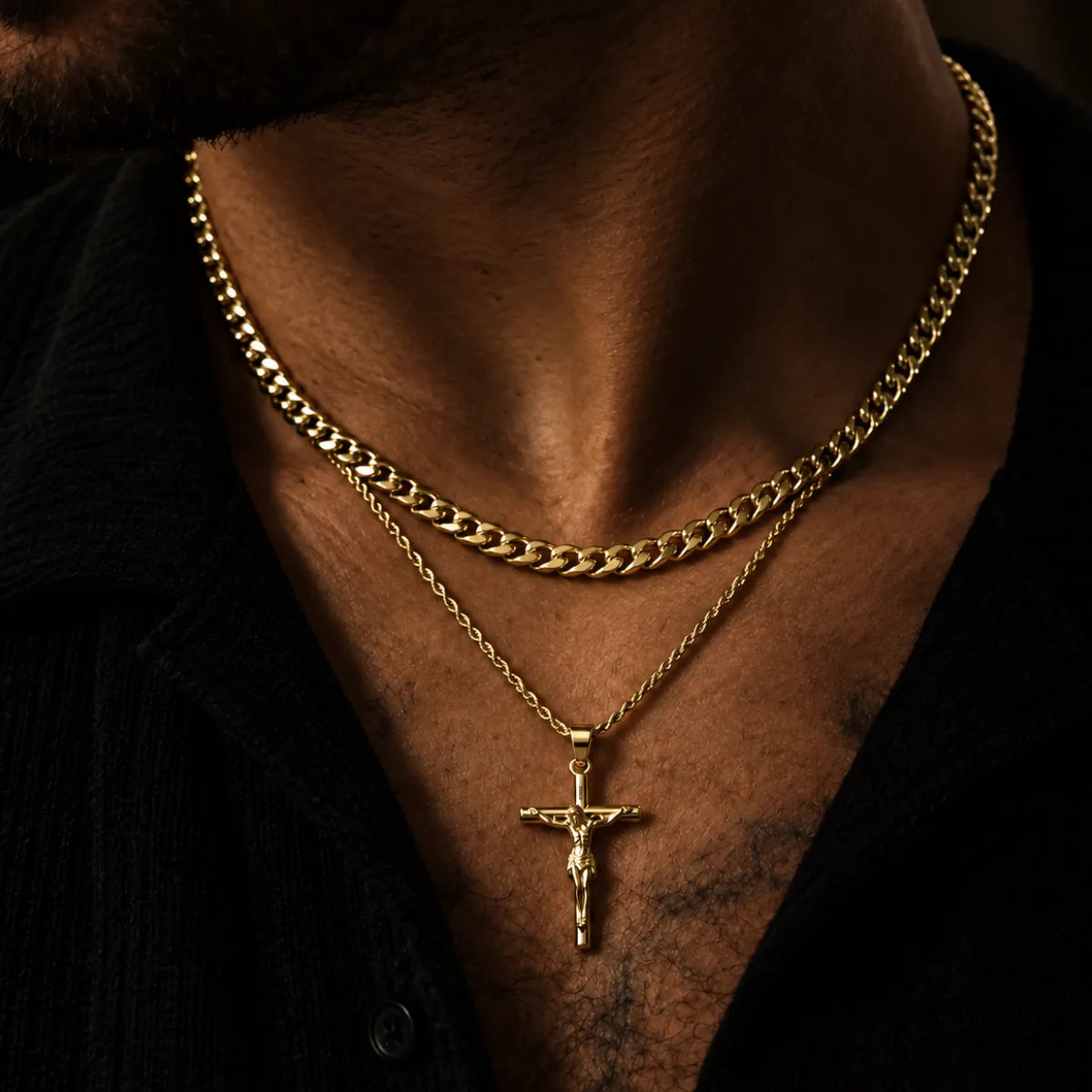 jesus crucifix rope chain gold layered set lifestyle black shirt