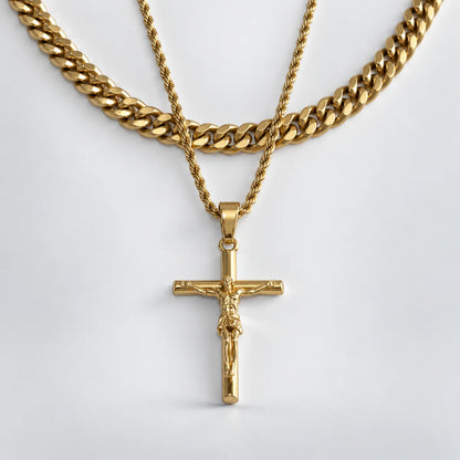 jesus crucifix rope chain gold layered set white background