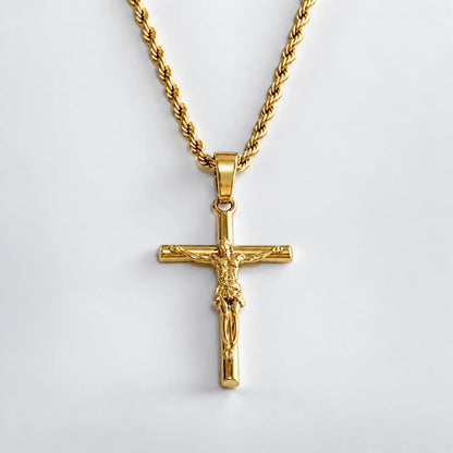 jesus crucifix rope chain gold white background