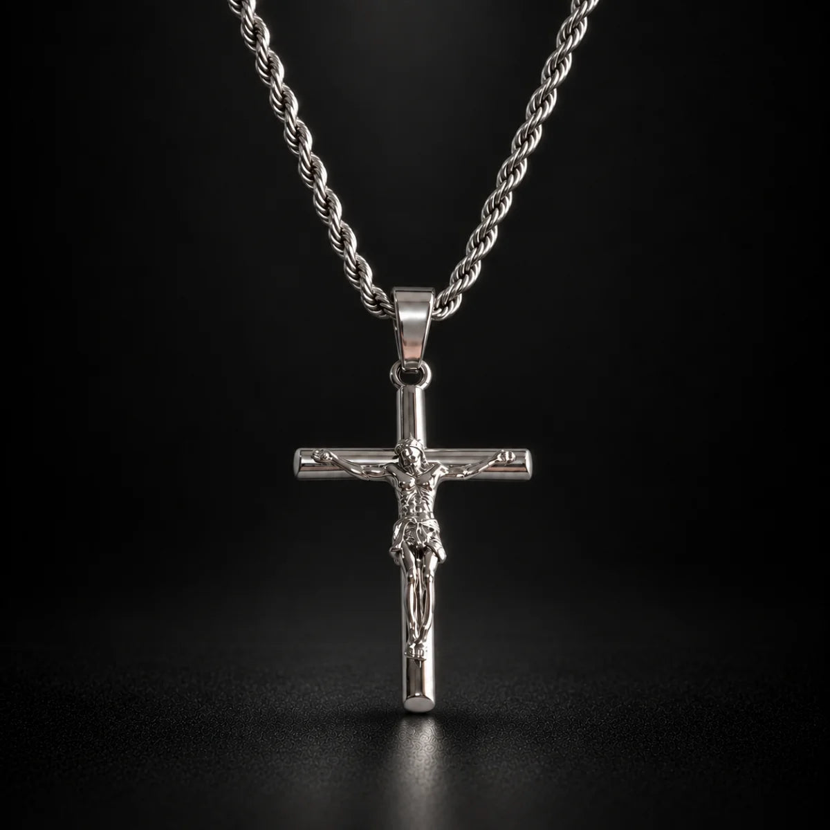 jesus crucifix rope chain silver black background hero