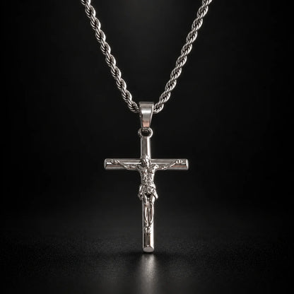 jesus crucifix rope chain silver black background hero