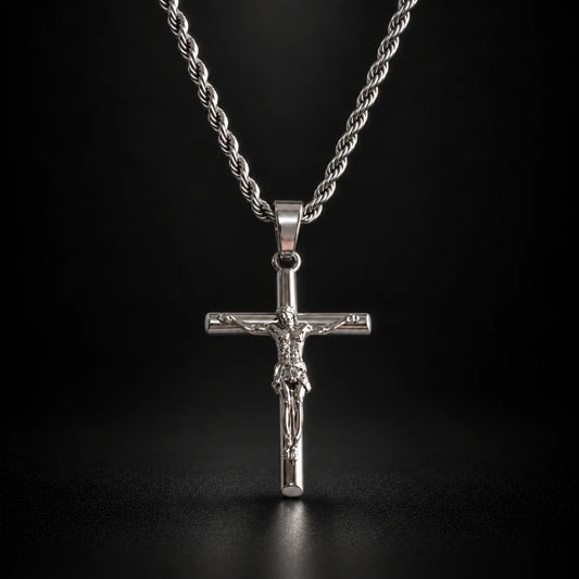 jesus crucifix rope chain silver black background hero